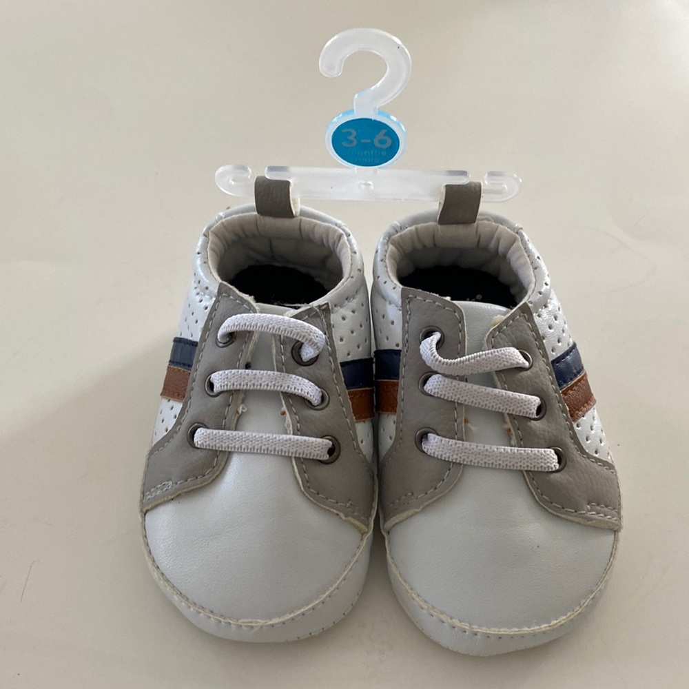NWT Carter's White Gray and Blue Baby Walker Shoes with Brown Stripe